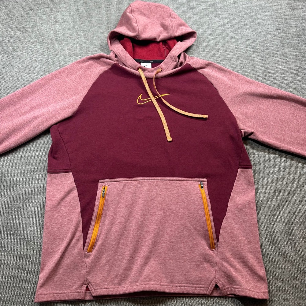 Nike Therma-FIT Hoodie Mens Large Burgundy Pink‎ Colorblock Zipper Pockets